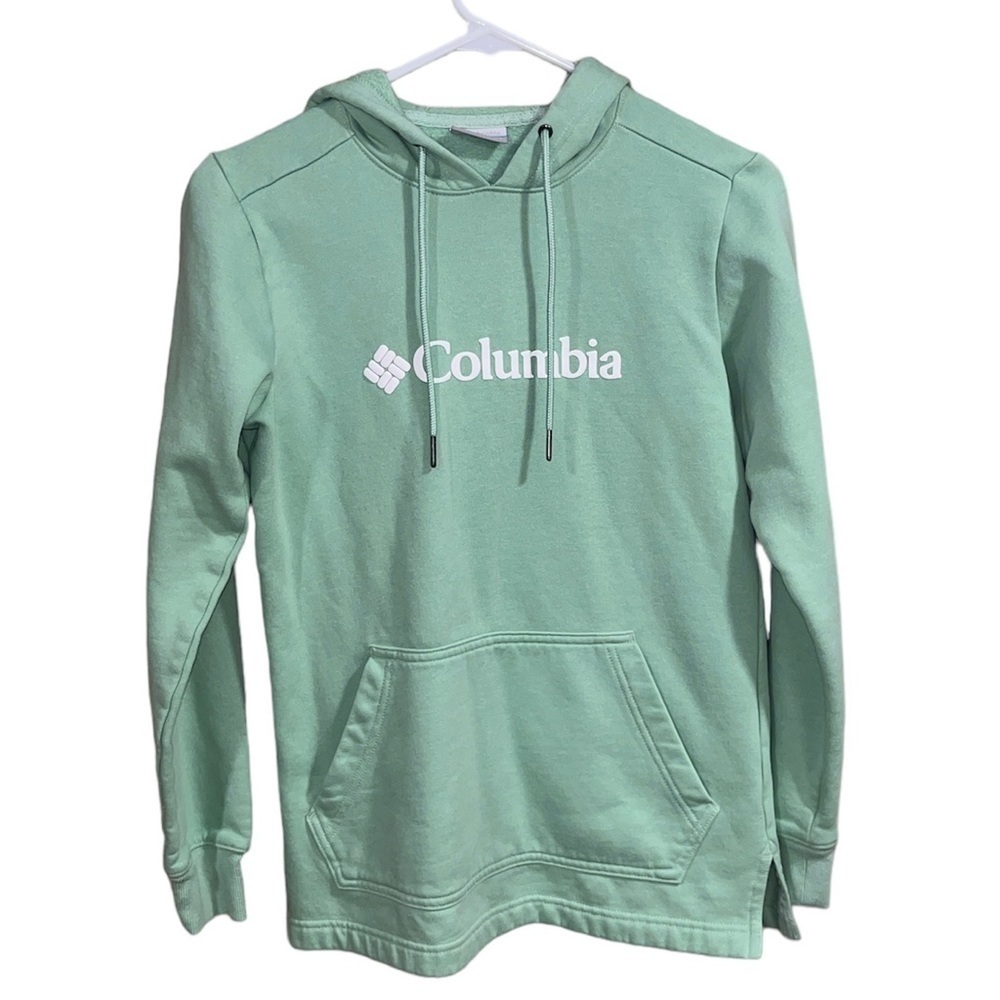 Columbia Logo Hoodie Mint Green Size XS Pullover Outdoor‎ Casual Streetwear Cozy